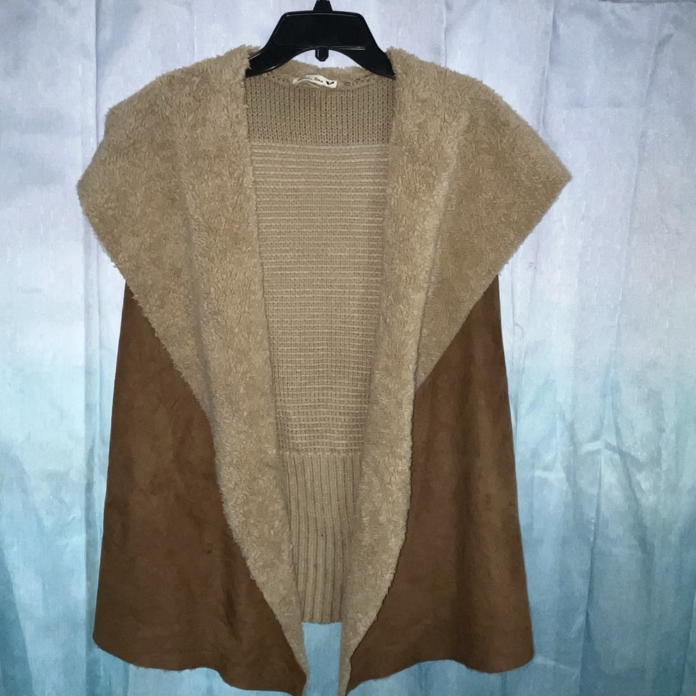 Women's Medium Double Zero Faux Sherpa Lined Sweater Back Brown Open Vest